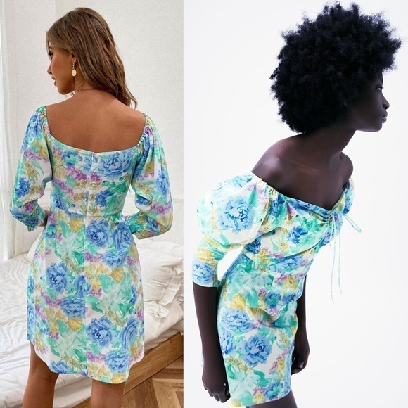 NEW ZARA Floral Off Shoulder Sweetheart Neck‎ Puff Short Sleeve Cotton Dress XS - Picture 3 of 10